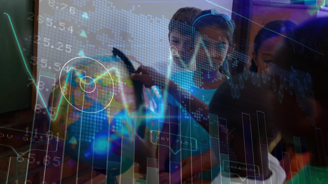 Animation of data processing and graph over schoolchildren looking at globe in class