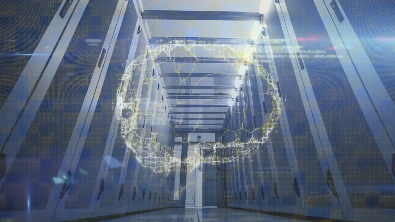 Server aisle revealing glowing digital cloud forming nodes and streaming data visualizing network