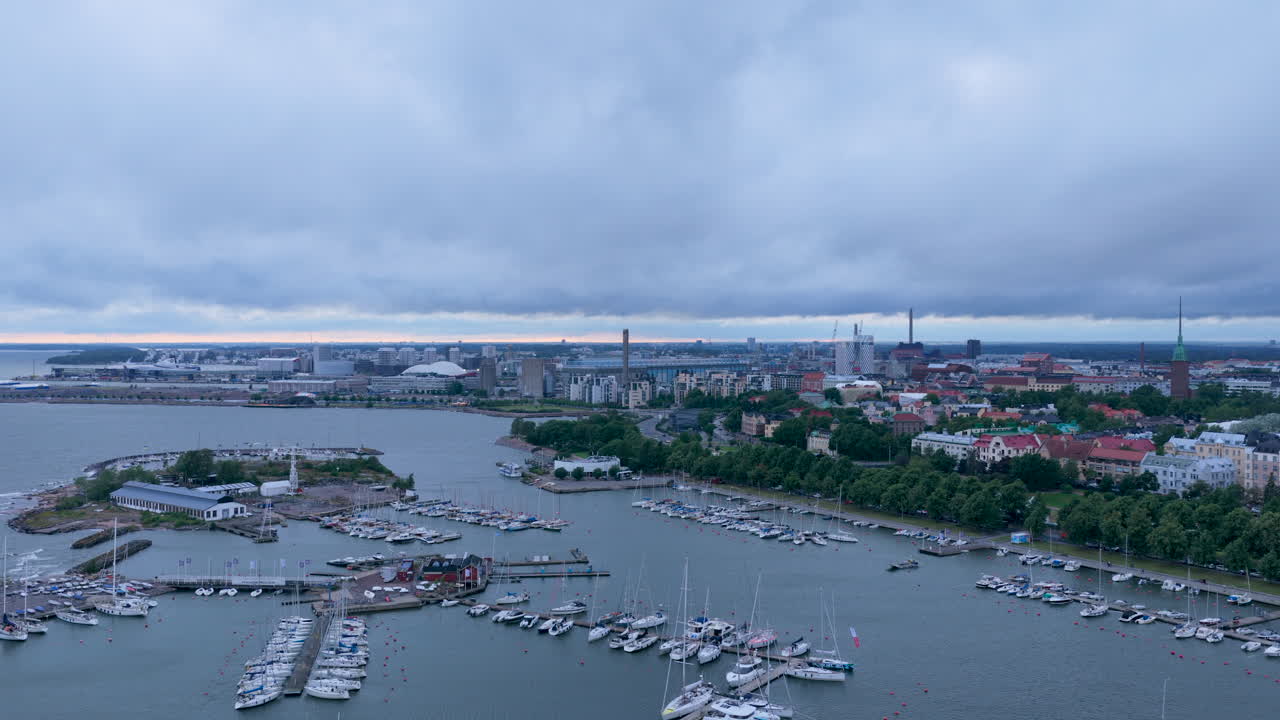 Aerial view of of a gloomy, summer evening on the coastline of Helsinki, Finland