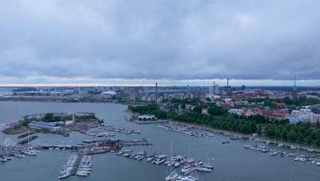 aerial view of of a gloomy, summer evening on the coastline of helsinki, finland