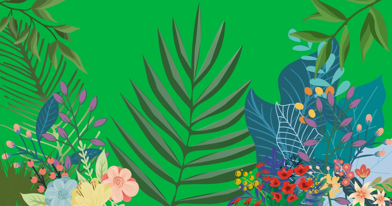 Digital animation of colorful flowers and green leaves against black background