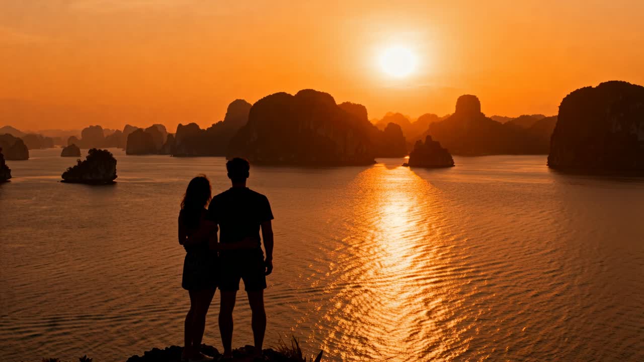 คู่รักยืนสวมชุดฤดูร้อน เอนตัวเข้าหากันบนหน้าผาเมื่อพระอาทิตย์ตกดิน กำลังมองดูคลื่นที่เกิดจากเรือ