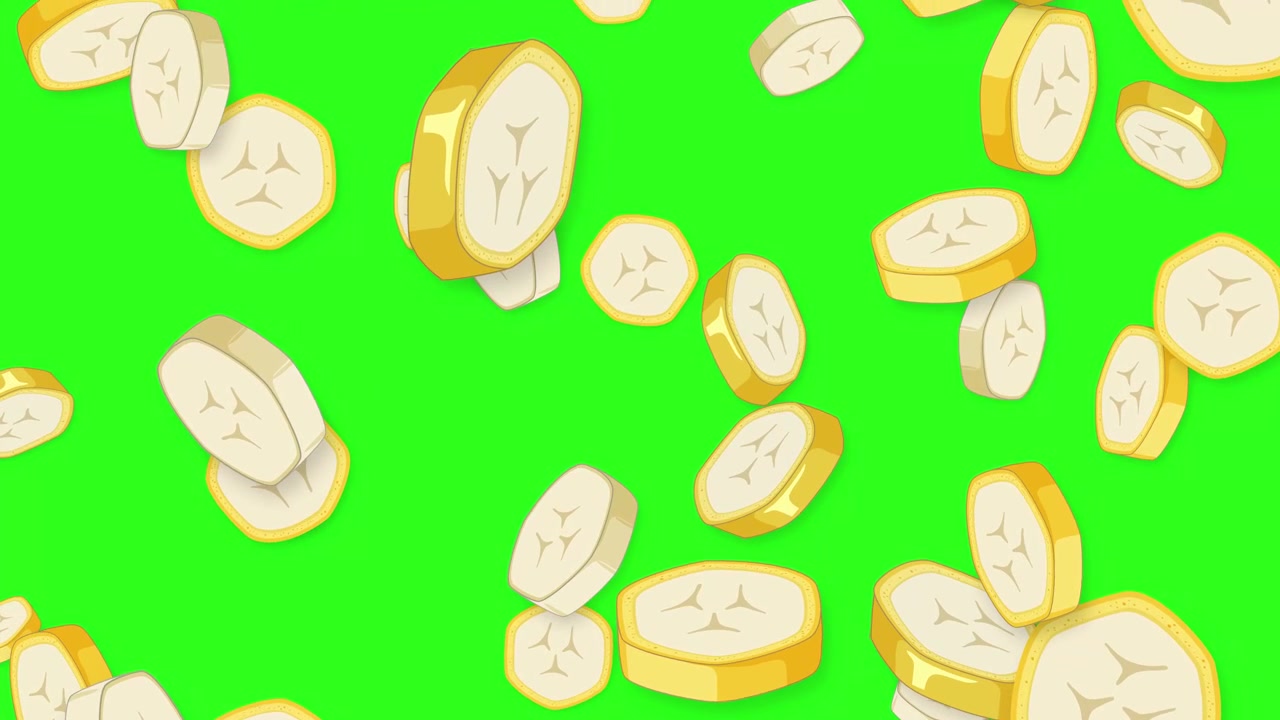 Fatias de banana em desenho animado caem e giram no ar contra uma tela verde vibrante