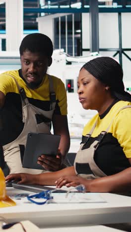 vertical video engineers team reviewing guidelines to diagnose malfunctioning systems