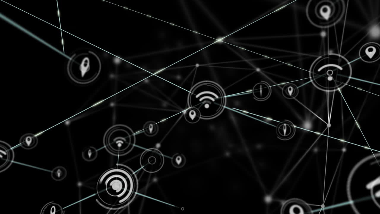 animación de la red de conexiones con iconos en fondo negro