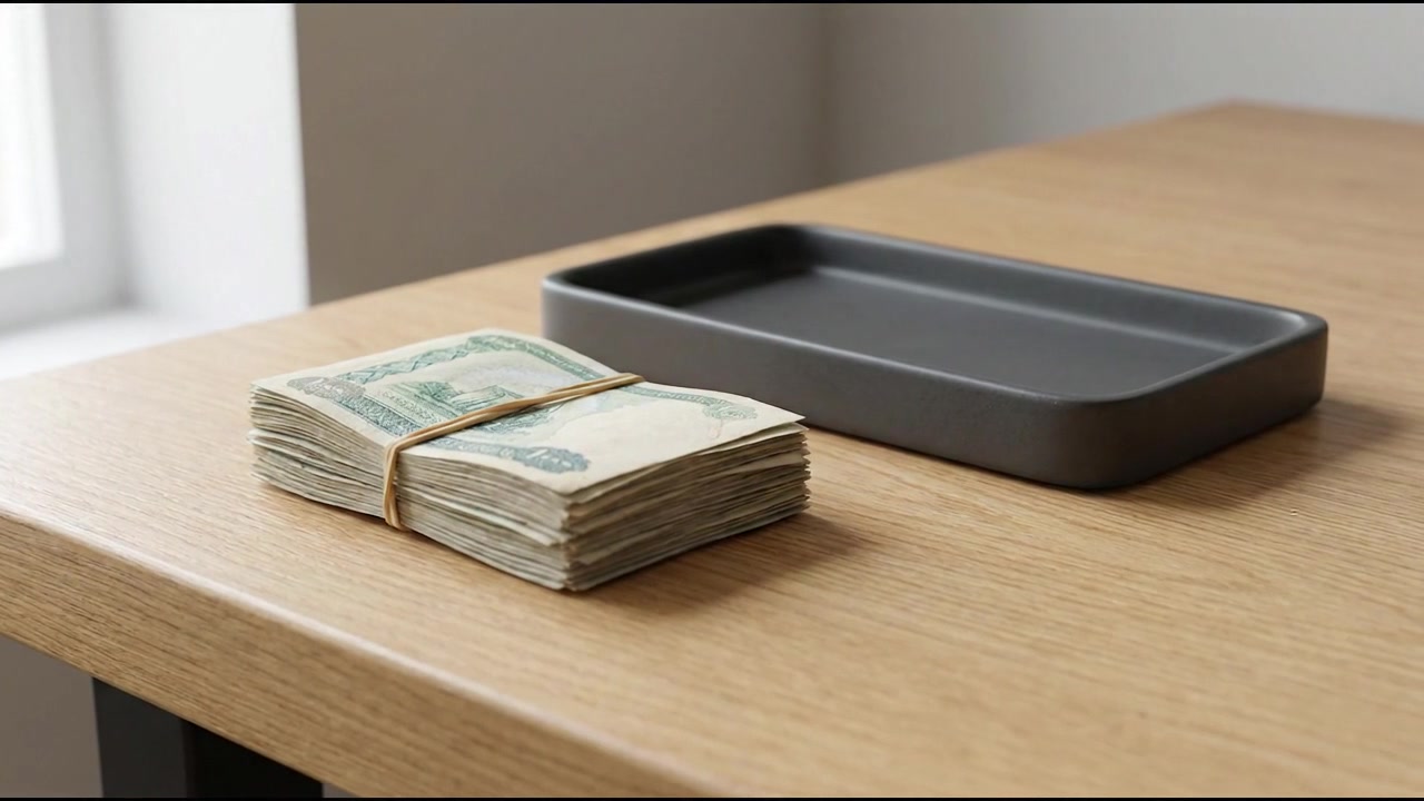 Stack of US Dollar Bills on a Wooden Desk