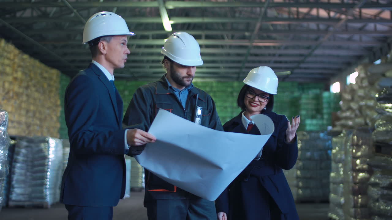 Professionals in hard hats discuss blueprints in a warehouse