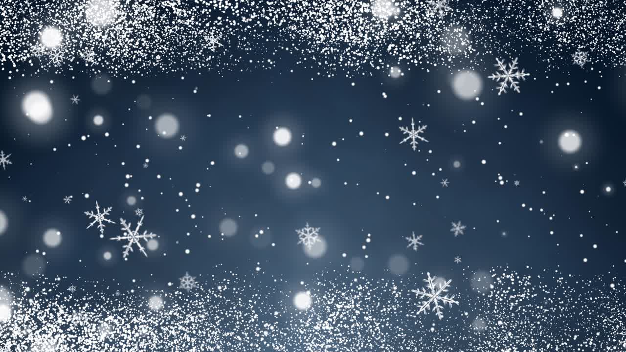 confeti blanco, copos de nieve y luces bokeh en el fondo azul de navidad