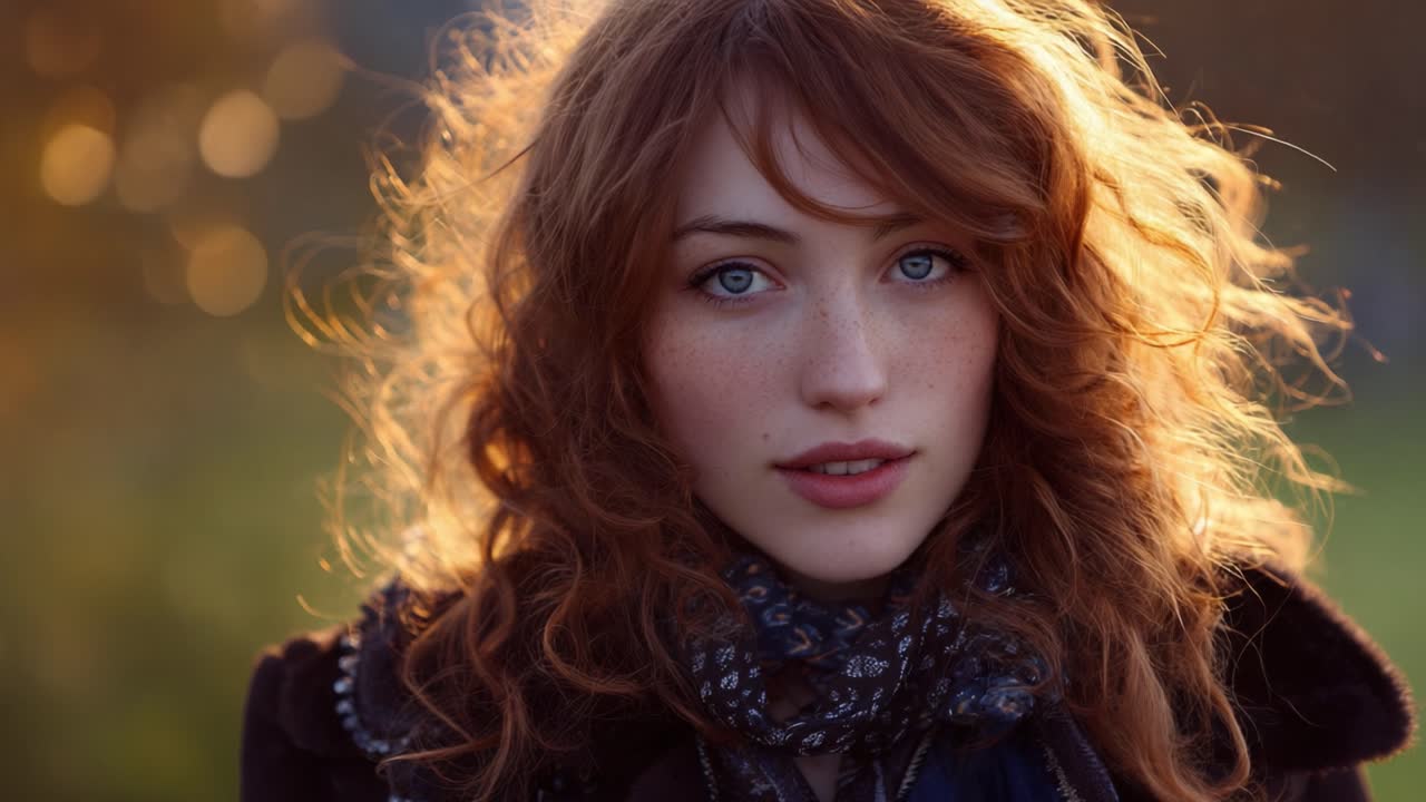 Captivating Portrait of a Young Woman with Radiant Curly Hair and Mesmerizing Blue Eyes, Illuminated by Warm Sunset Light in an Enchanted Atmosphere
