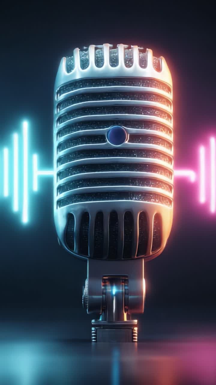 A Stunning Vintage Microphone Design Surrounded by Dynamic Sound Waves in Vivid Neon Colors, Capturing the Essence of Music and Audio Recording Technology