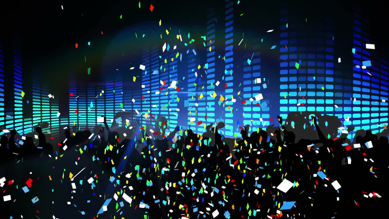 음악 이 ⁇ 라이저에 맞서 춤을 추는 사람들의 실루 ⁇  위에 떨어지는 콘페티의 디지털 애니메이션