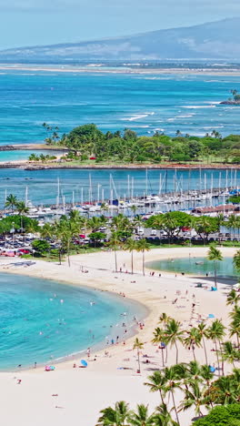 vertical drone shot of honolulu, hawaii usa, white sand beach. harbor marina and beachfront buildings