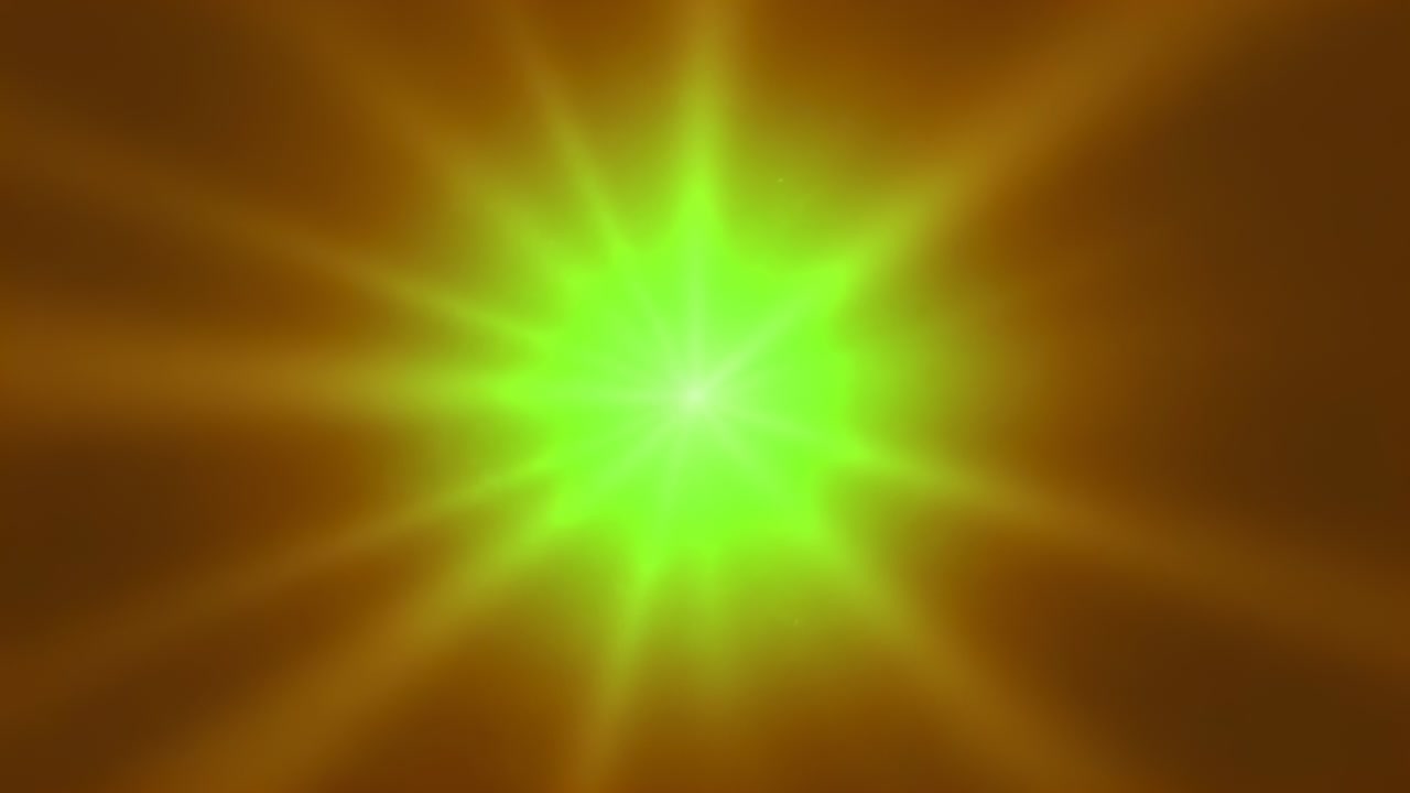 Playing bright green starburst brightening elongating rays on brown-orange gradient shimmering
