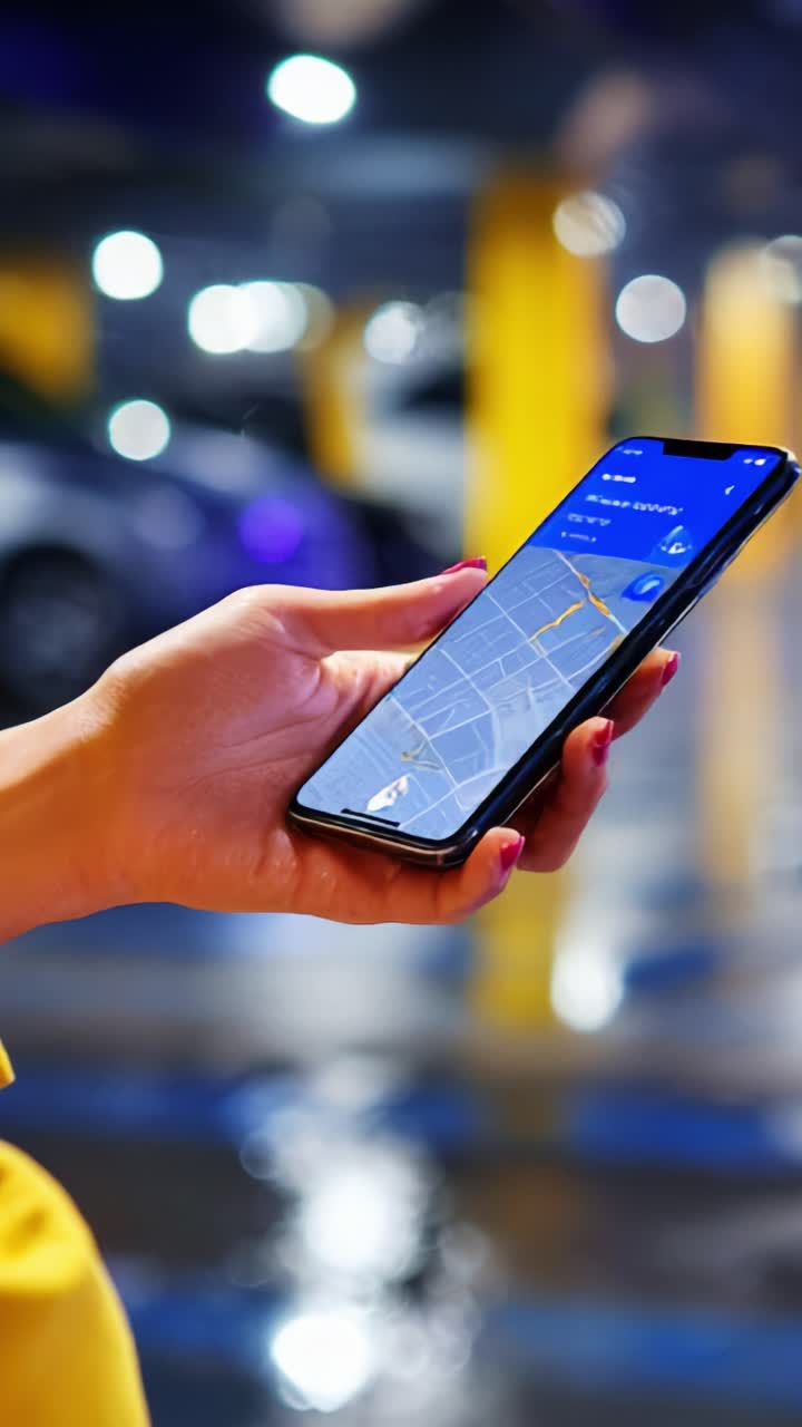 User Navigating Using a Smartphone in a Dimly Lit Parking Garage with an Interactive Map Displaying Directions and Current Location