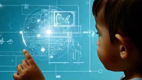 child interacting with a futuristic digital interface