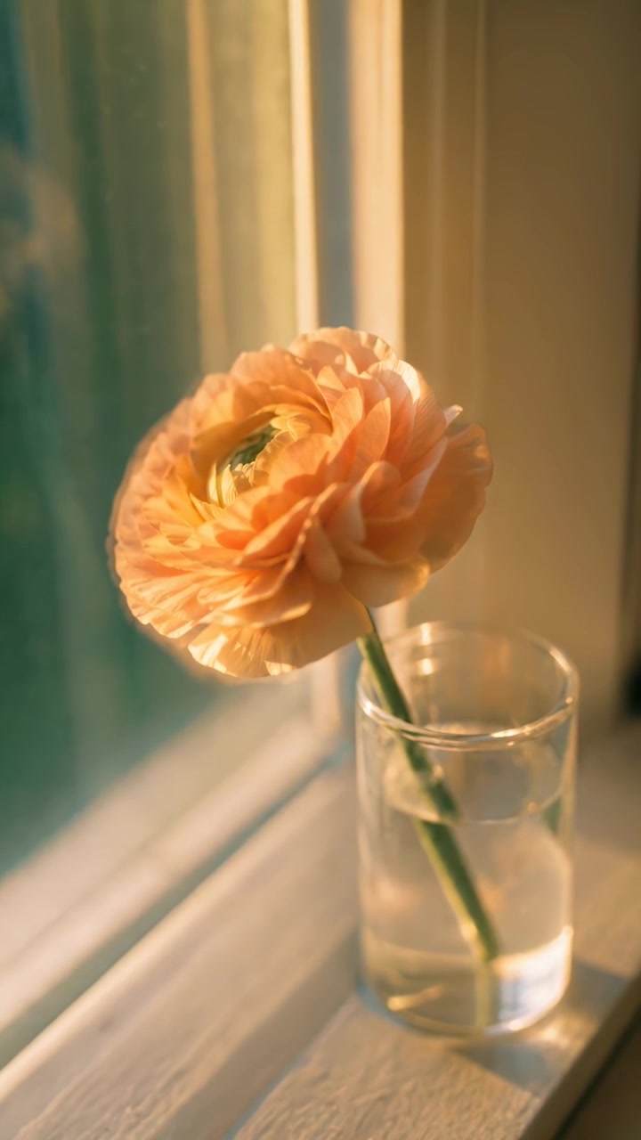 Fiore di Ranuncolo Color Pesca Singolo in Vaso di Vetro Accanto alla Finestra