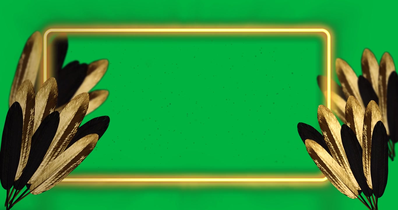 Animation of gold tropical leaves with yellow neon frame on transparent background