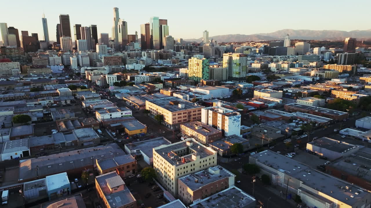 Aerial View of Downtown Los Angeles Cityscape at Sunset