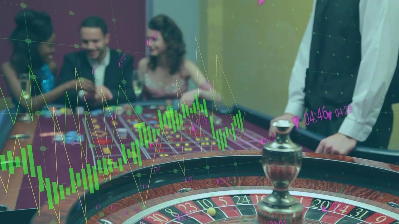 Animazione di persone diverse in un casinò con elaborazione dati in sovrimpressione.