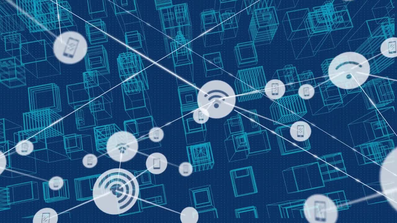 Animation of connected icons over aerial view of 3d model of buildings against blue background