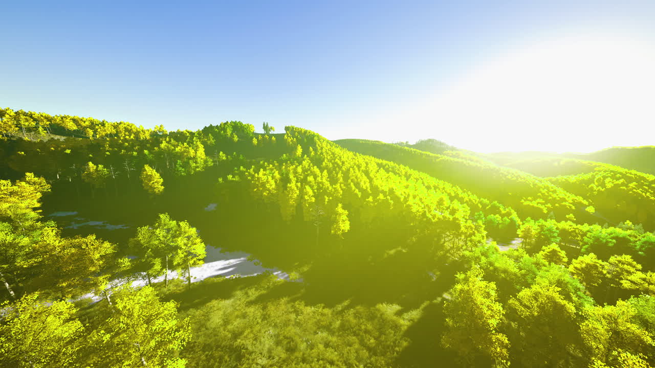 Sunlight bathes vibrant green hills in a serene landscape at dawn