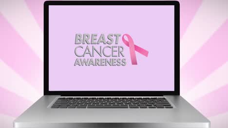 Animation-of-pink-ribbon-logo-and-breast-cancer-text-on-laptop-screen