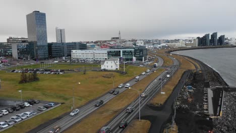 aerial view of reykjavik rooftops and roads in iceland