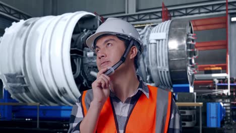 close up of asian male engineer with safety helmet thinking about something and looking around while standing with airplane engine maintenance conducted, analytics checking the turbine