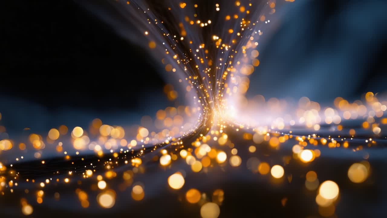 Uno spettacolo ipnotico di luci e movimento: una visualizzazione astratta del flusso di energia con particelle scintillanti in uno sfondo di spazio profondo