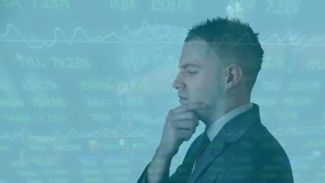 animation of data processing over caucasian businessman thinking