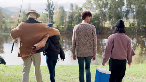 friends, back and walking by camping lake