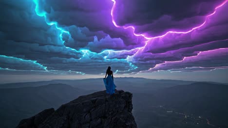 mujer en la cima de una montaña con nubes brillantes