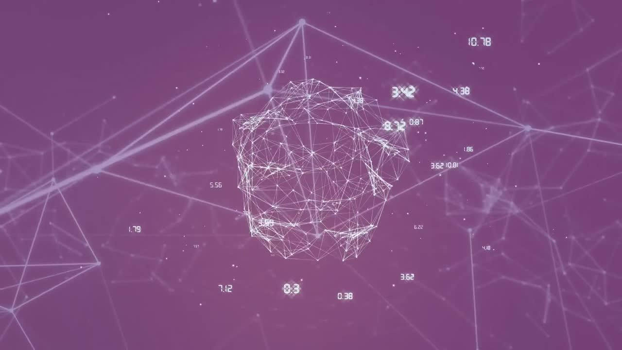 보라색 배경에 대한 연결 네트워크와 회전하는 지구의 애니메이션