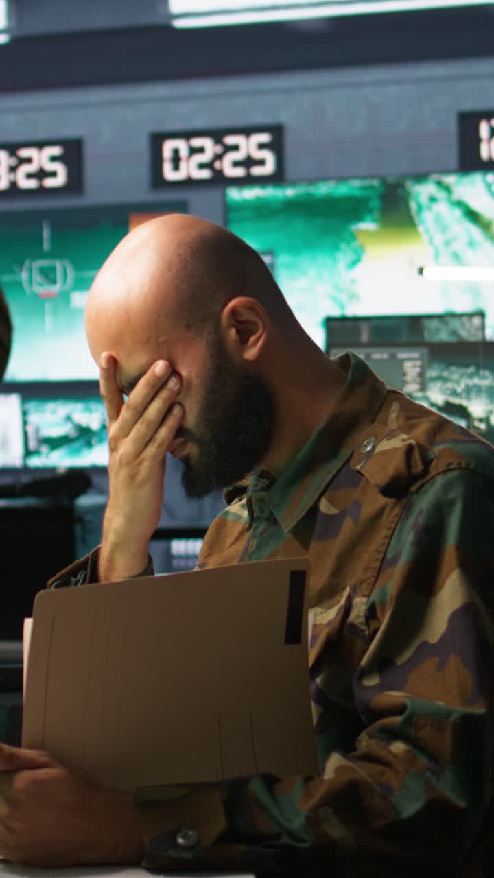 Vertical video Tired military officer reading intel folder on enemy, feeling fatigued