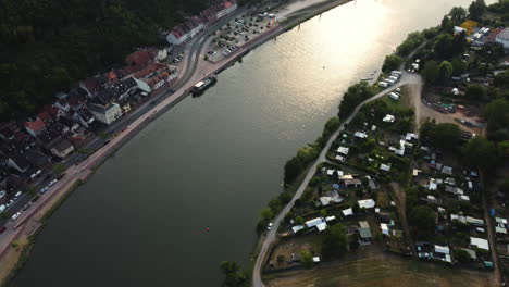 aerial view of a german river town with camping area