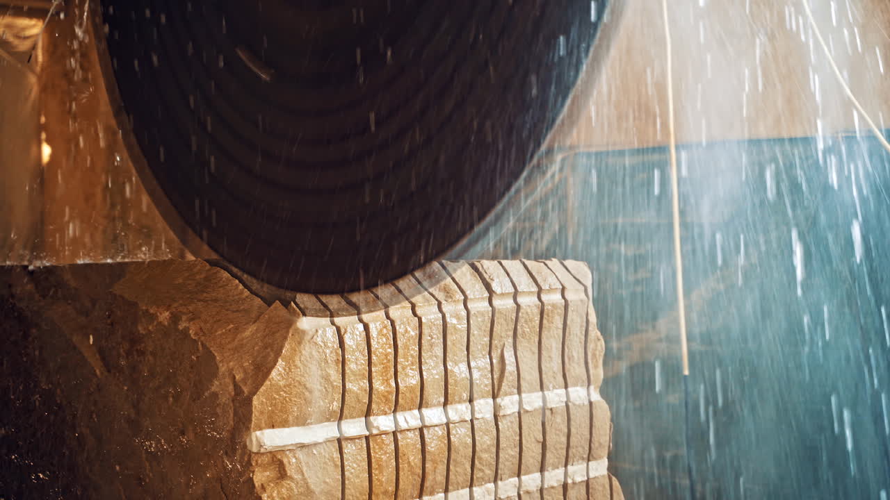 Circular saw for cutting. Close up of worker use wet sawing machine for cutting marble stone