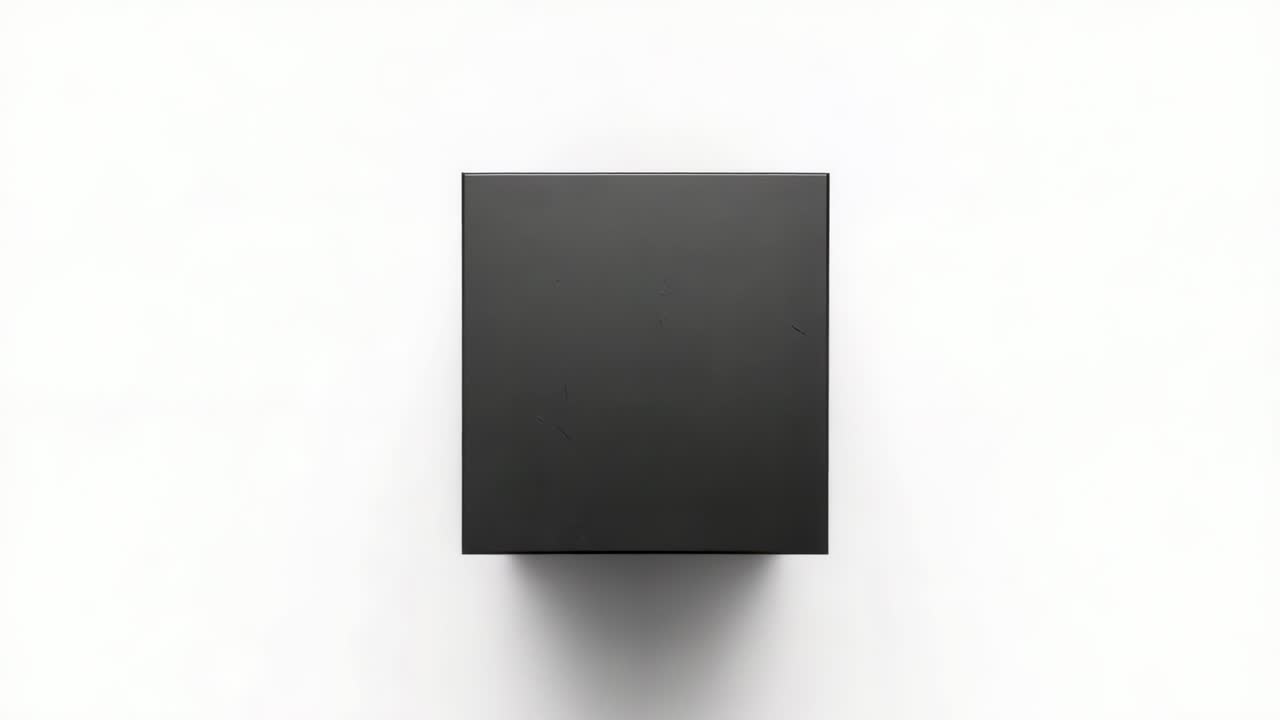 Starting sequence, black matte cube expanding in studio white backdrop, casting larger soft shadow