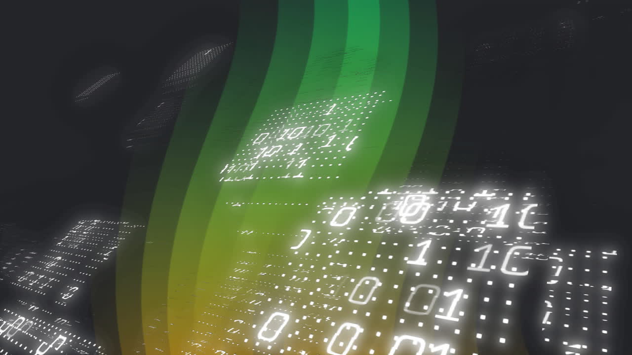 Binary code and data streams animation over green and yellow gradient background
