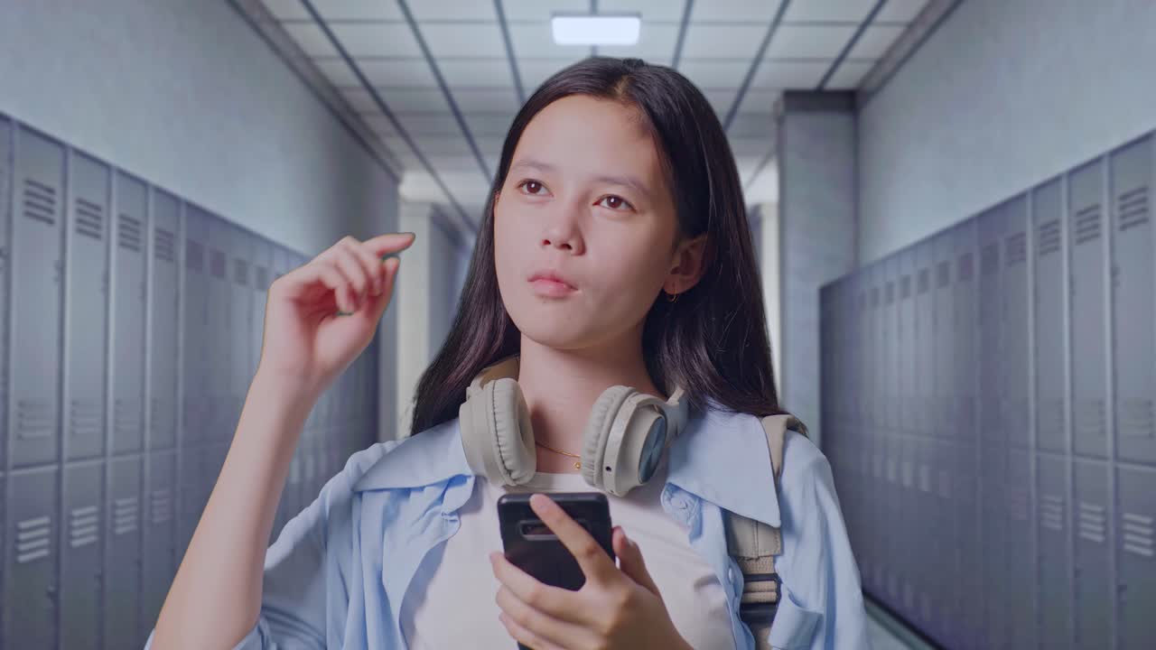 스마트폰을 사용하고 복도에 서 있는 동안 생각하는 배을 가진 아시아 십대 소녀 학생의 클로즈업