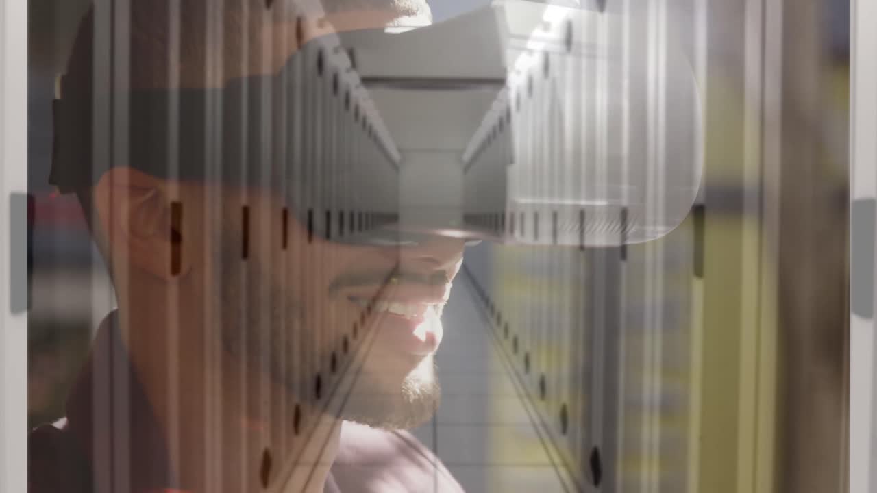 서버 방에서 vr 헤드 ⁇ 을 사용하는 남성의 애니메이션