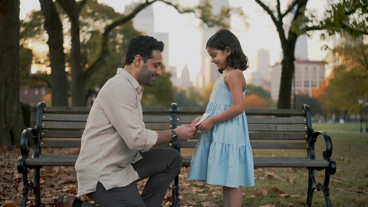 Bending down father handing folded paper to daughter as gift at park bench, wearing beige shirt