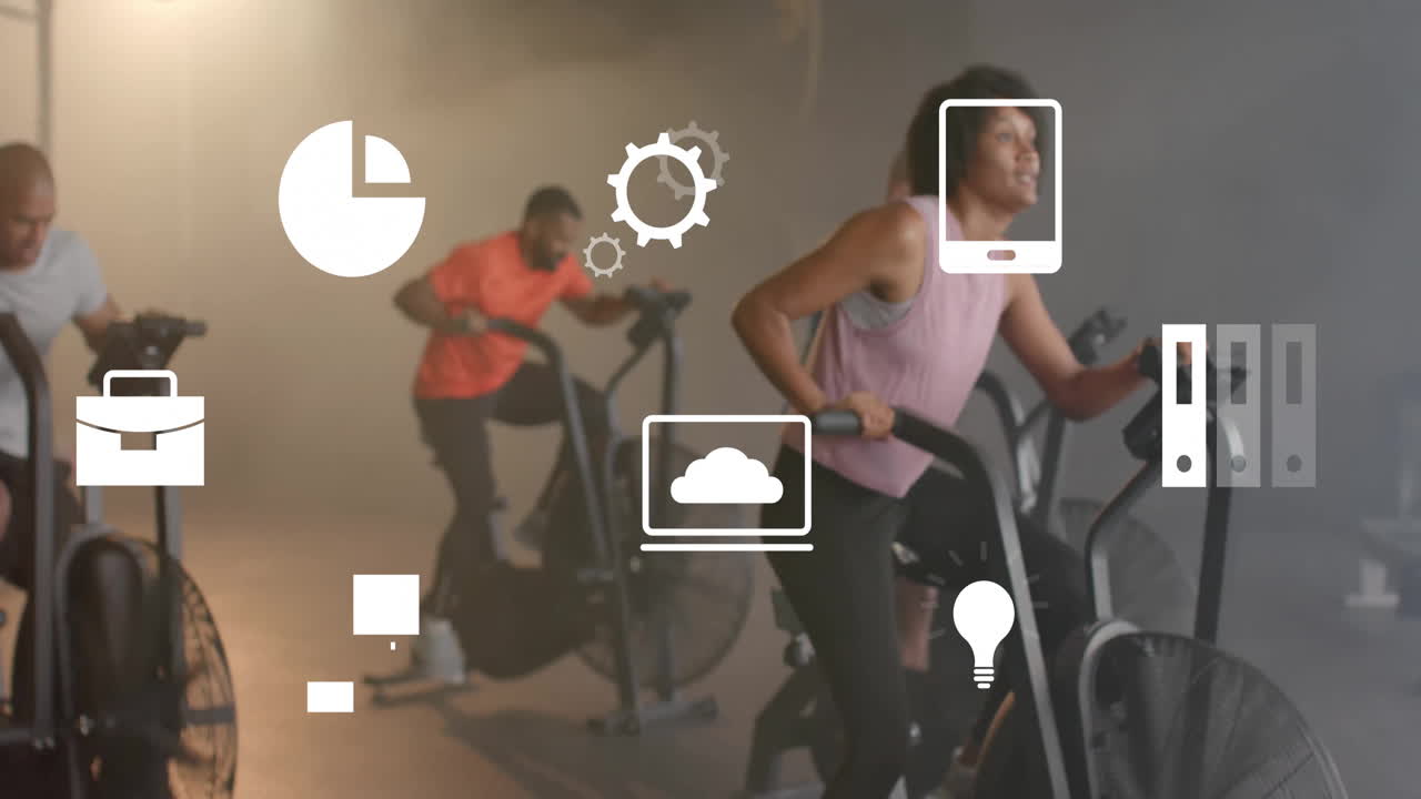 Animation of business icons over diverse people using elliptical bikes on gym