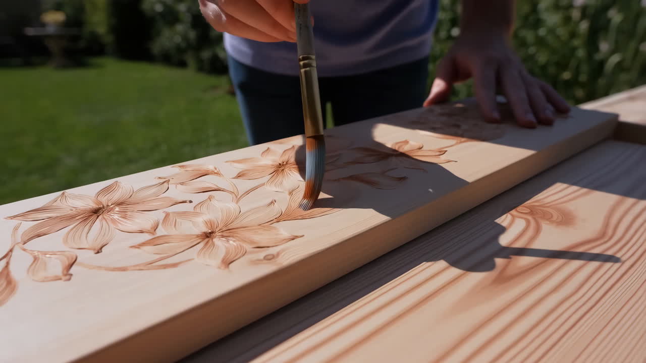 Person Painting Detailed Floral Designs on a Wooden Board Outdoors