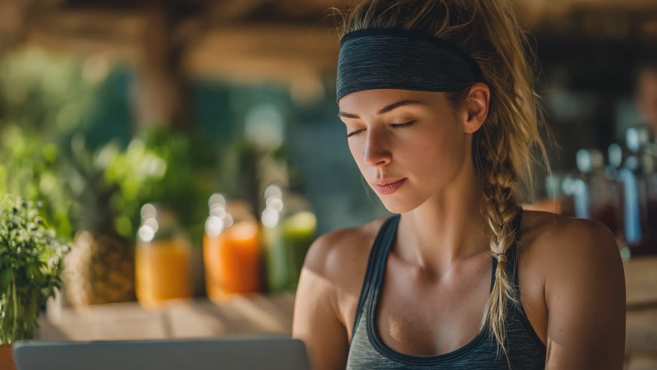 A focused young woman engages with her laptop in a vibrant outdoor setting, surrounded by colorful health juices and fresh greens, radiating a healthy lifestyle and motivation