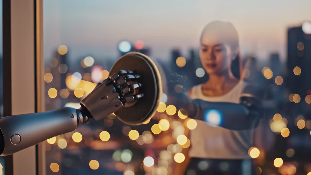 Robot Cleaning Windows with Woman in Background