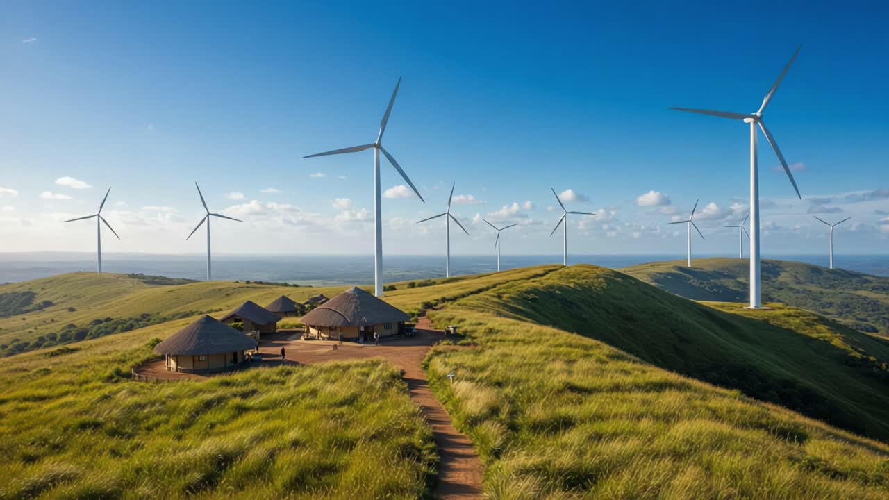 A panoramic view of a sustainable energy landscape, featuring modern wind turbines set against a serene backdrop of rolling hills and traditional huts amidst lush, green grass