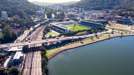 Drone-aerial-scenery-shot-of-Gosford-city-CBD-landscape-with-Brian-McGowan-Bridge-and-Mariners-stadium-Central-Coast-NSW-Australia-3840x2160-4K