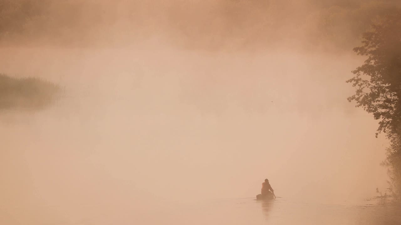 평온한 호수, 강, 그리고 은 나무 시 배에서 시하는 사람 여름 아침에 아름다운 안개가있는 일출. 시은 나무 배에 있습니다. 러시아 자연.