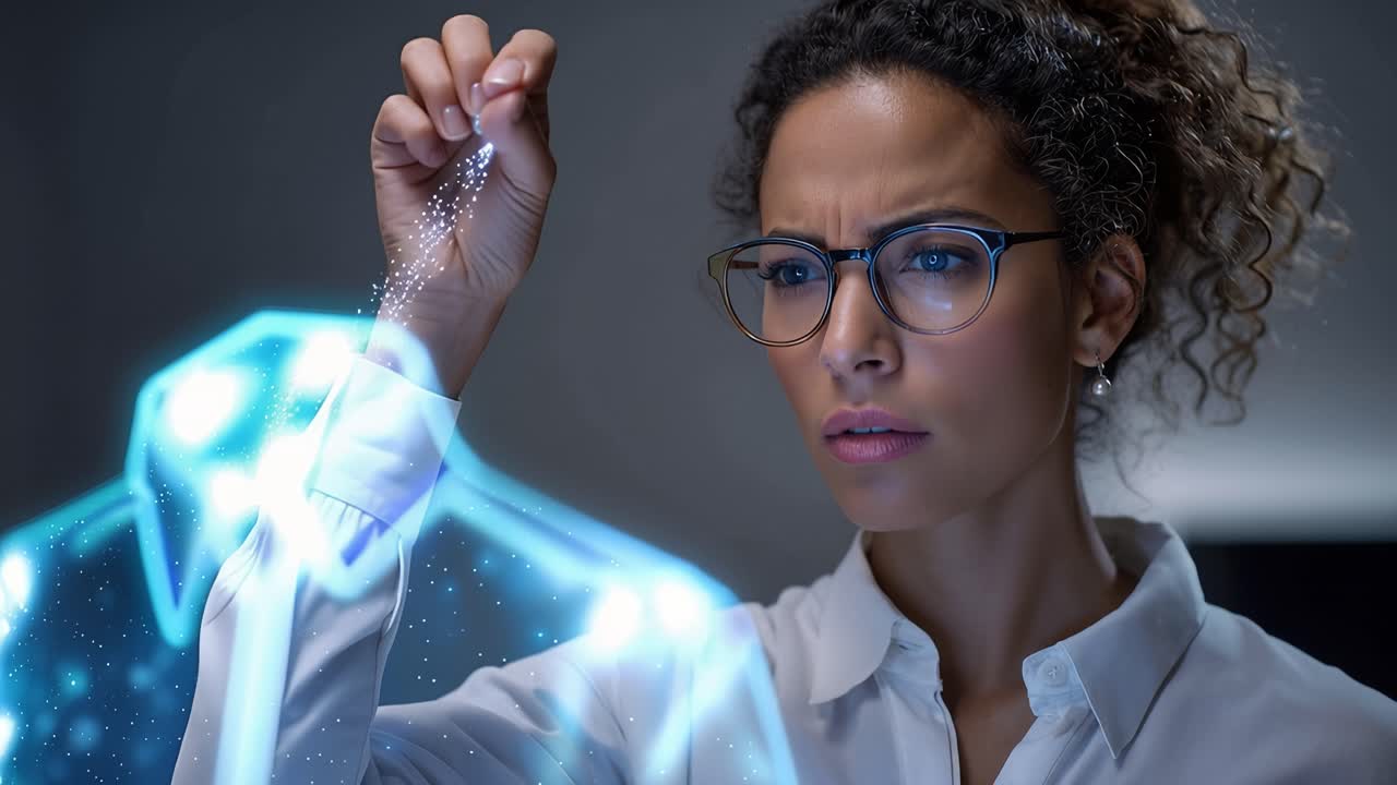 Una donna fissa un'interfaccia digitale luminosa con intento concentrato. La sua mano si libra vicino a un display olografico blu futuristico. Capelli ricci incorniciano il suo viso mentre si concentra su dati virtuali.