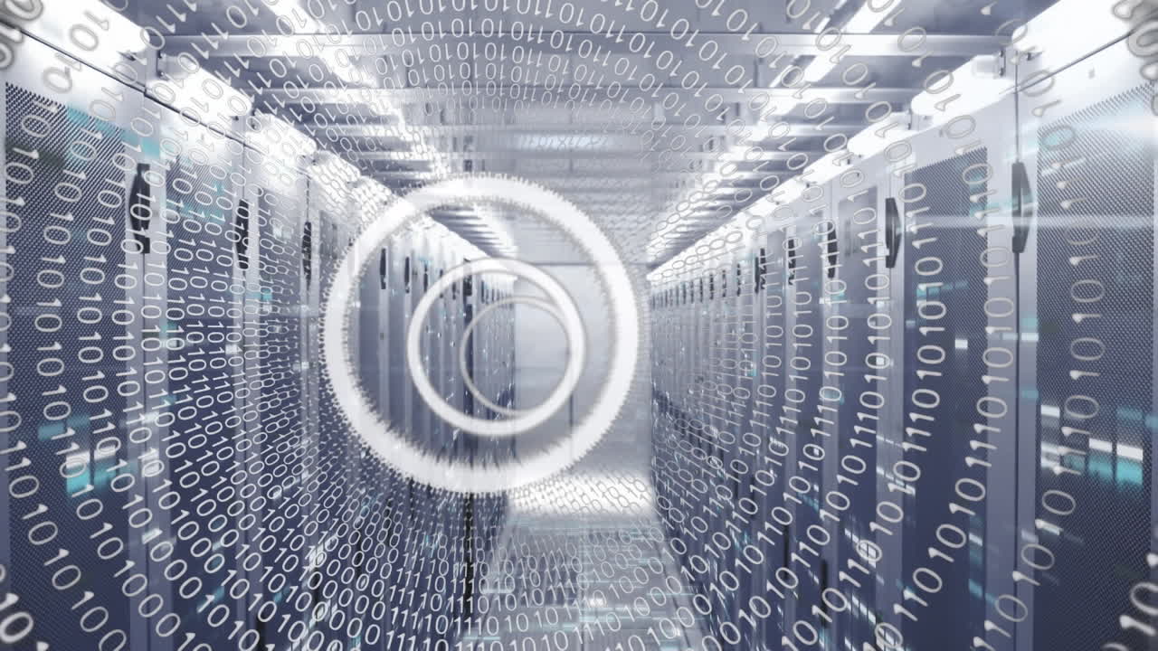 Animation of circular shapes and binary coding in seamless pattern against computer server room
